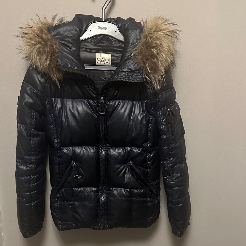 SAM. Kids Dark Puffer Goose Down Jacket with Fur Trim